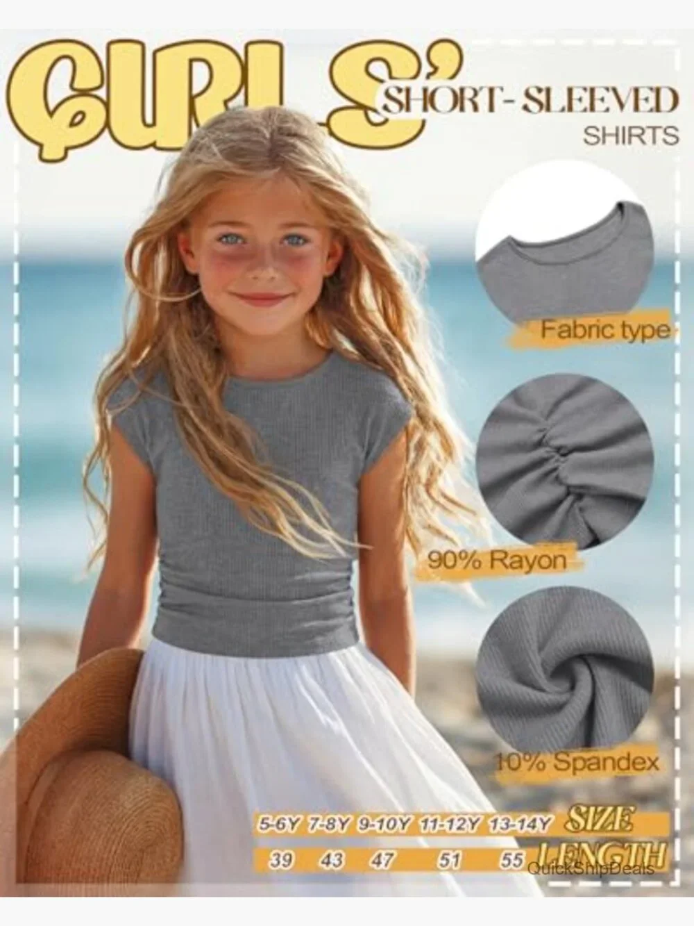 Girls Cap Sleeve Ribbed Knit Ruched Tops Casual Slim Fit Tees 5-14